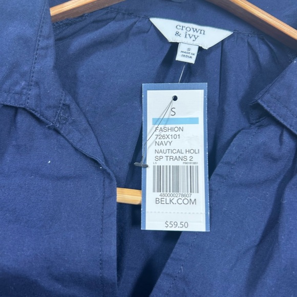 Crown & Ivy Navy Blue 3/4 Sleeve V Neck Pullover Blouse w/ White Trim Tie Sleeve - Picture 4 of 8